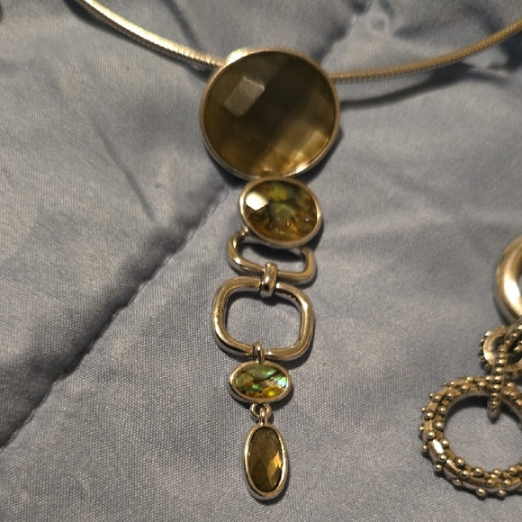 Silver Tone Green Gem Statement Necklace and Earring Set - Picture 2 of 4